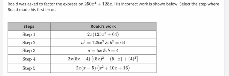 Roald was asked to factor the expression 250x^4+128x. His incorrect work is shown below. Select the step where
Roald made his first error.