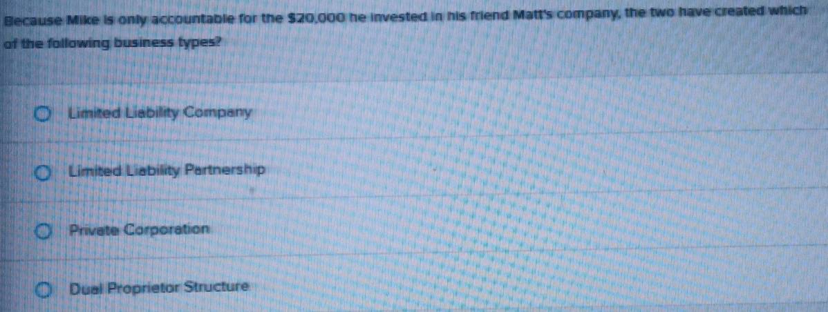 Because Mike is only accountable for the $20,000 he invested in his friend Matt's company, the two have created which
of the following business types?
Limited Liability Company
Limited Liability Partnership
Private Corporation
Dual Proprietor Structure