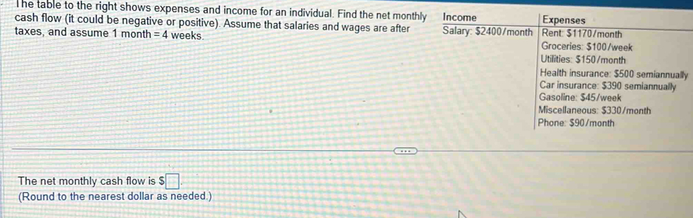 he table to the right shows expenses and income for an individual. Find the net monthly Income Expenses 
cash flow (it could be negative or positive). Assume that salaries and wages are after Salary: $2400/month Rent: $1170/month
taxes, and assume 1 month =4 weeks. Groceries: $100/week
Utilities: $150/month
Health insurance: $500 semiannually 
Car insurance: $390 semiannually 
Gasoline: $45/week
Miscellaneous: $330/month
Phone: $90/month
The net monthly cash flow is $□
(Round to the nearest dollar as needed.)