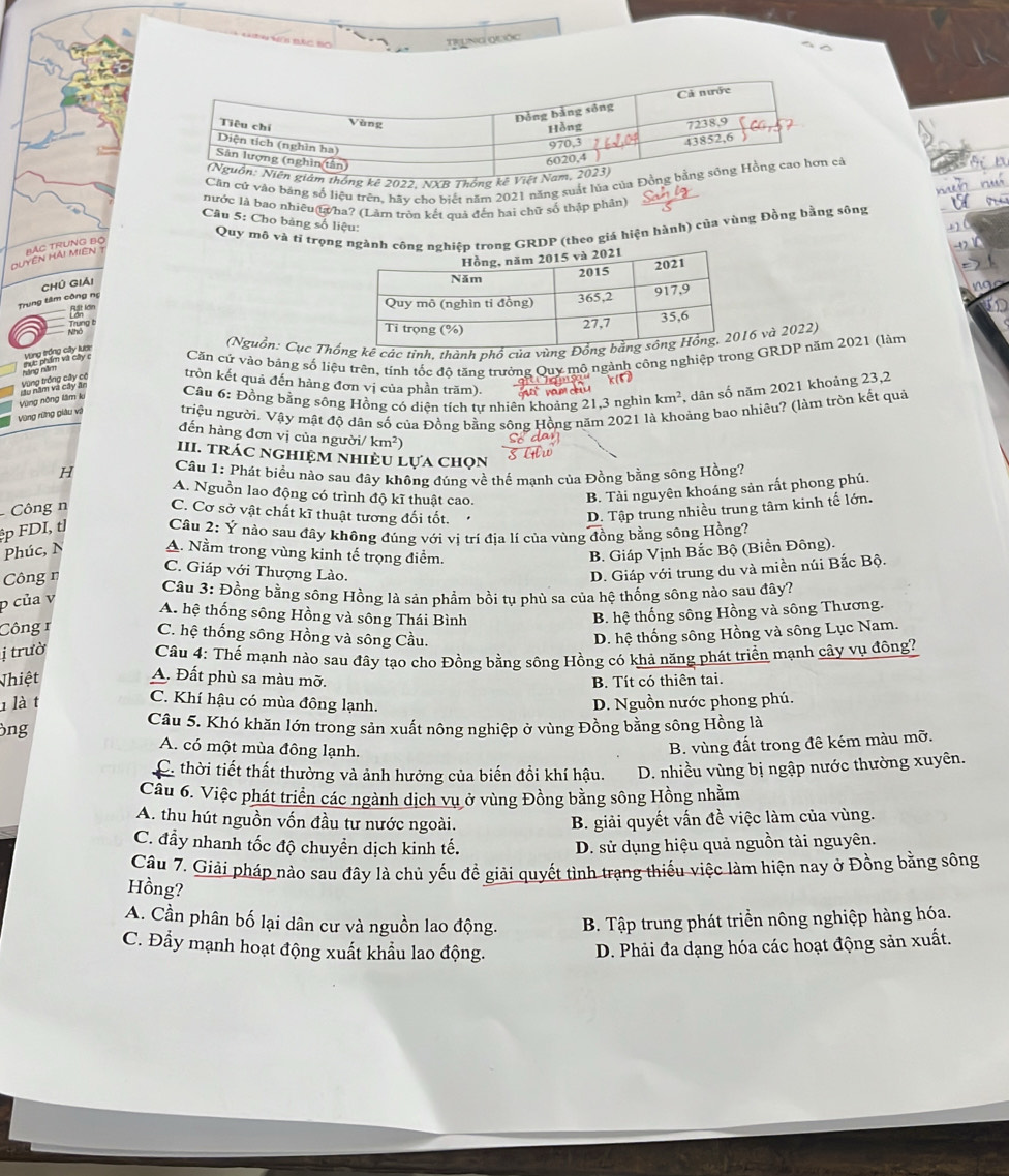TrụnG QuốC
ống kê 2022. NXB Thống kê Vi
Cần cử vào bằng số liệu trên, hãy cho biết năm 2021 năng suất lúa của Đả
nước là bao nhiều(tha? (Làm tròn kết quả đến hai chữ số thập phân)
Cầu 5: Cho bảng số liệu:
Quy mô và tỉ trọng ngành cng GRDP (theo giá hiện hành) của vùng Đồng bằng sông
Duyên Hải Miên 1 BÁC TRUNG BO
CHú Giải
Trung tâm công ng
Trung 
(Nguồn: Cục Thốg kê các tỉnh, thành phổ của vùng Đồ6 và 2022)
Căn cử vào bảng số liệu trên, tính tốc độ tăng trưởng Quy mô ngành công nghiệp trong GRDP năm 2021 (làm
tròn kết quả đến hàng đơn vị của phần trăm).
Vùng nông lâm kụ
Câu 6: Đồng bằng sông Hồng có diên tích tư nhiên khoảng 21,3 nghìn km^2 , dân số năm 2021 khoảng 23,2
Vùng rững giàu và triệu người. Vậy mật độ dân số của Đồng bằng sông Hồng năm 2021 là khoảng bao nhiêu? (làm tròn kết quả
đến hàng đơn vị của người/ km²)
III. trÁc nghiệm nhiÈu lựa chọn
H  Câu 1: Phát biểu nào sau đây không đúng về thế mạnh của Đồng bằng sông Hồng?
A. Nguồn lao động có trình độ kĩ thuật cao.
B. Tài nguyên khoáng sản rất phong phú.
Công n C. Cơ sở vật chất kĩ thuật tương đối tốt. .
D. Tập trung nhiều trung tâm kinh tế lớn.
ệp FDI, tl  Câu 2: Ý nào sau đây không đúng với vị trí địa lí của vùng ; đồng bằng sông Hồng?
Phúc, N A. Nằm trong vùng kinh tế trọng điểm. B. Giáp Vịnh Bắc Bộ (Biển Đông).
Công n
C. Giáp với Thượng Lào.
D. Giáp với trung du và miền núi Bắc Bộ.
Câu 3: Đồng bằng sông Hồng là sản phẩm bồi tụ phù sa của hệ thống sông nào sau đây?
p của v
A. hệ thống sông Hồng và sông Thái Bình B. hệ thống sông Hồng và sông Thương.
Công 1 C. hệ thống sông Hồng và sông Cầu. D. hệ thống sông Hồng và sông Lục Nam.
ị trườ
Câu 4: Thế mạnh nào sau đây tạo cho Đồng bằng sông Hồng có khả năng phát triển mạnh cây vụ đông?
Nhiệt A. Đất phù sa màu mỡ. B. Tít có thiên tai.
C. Khí hậu có mùa đông lạnh.
1 là t D. Nguồn nước phong phú.
ng
Câu 5. Khó khăn lớn trong sản xuất nông nghiệp ở vùng Đồng bằng sông Hồng là
A. có một mùa đông lạnh.
B. vùng đất trong đê kém màu mỡ.
C. thời tiết thất thường và ảnh hưởng của biến đồi khí hậu. D. nhiều vùng bị ngập nước thường xuyên.
Câu 6. Việc phát triển các ngành dịch vụ ở vùng Đồng bằng sông Hồng nhằm
A. thu hút nguồn vốn đầu tư nước ngoài. B. giải quyết vấn đề việc làm của vùng.
C. đầy nhanh tốc độ chuyền dịch kinh tế. D. sử dụng hiệu quả nguồn tài nguyên.
Câu 7. Giải pháp nào sau đây là chủ yếu đề giải quyết tình trạng thiếu việc làm hiện nay ở Đồng bằng sông
Hồng?
A. Cần phân bố lại dân cư và nguồn lao động.  B. Tập trung phát triển nông nghiệp hàng hóa.
C. Đẩy mạnh hoạt động xuất khẩu lao động. D. Phải đa dạng hóa các hoạt động sản xuất.