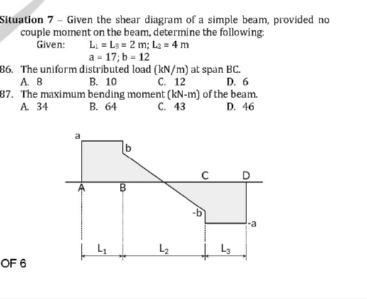 Situation 7 - Given the shear diagram of a simple beam, provided no
couple moment on the beam, determine the following:
Given: L_1=L_3=2m; L_2=4m
a=17; b=12
86. The uniform distributed load (kN/m) at span BC.
A. 8 B. 10 C. 12 D. 6
87. The maximum bending moment (kN-m) of the beam.
A. 34 B. 64 C. 43 D. 46
a
b
C D
A B
-b
-a
L_1 L_2 L_3
OF 6