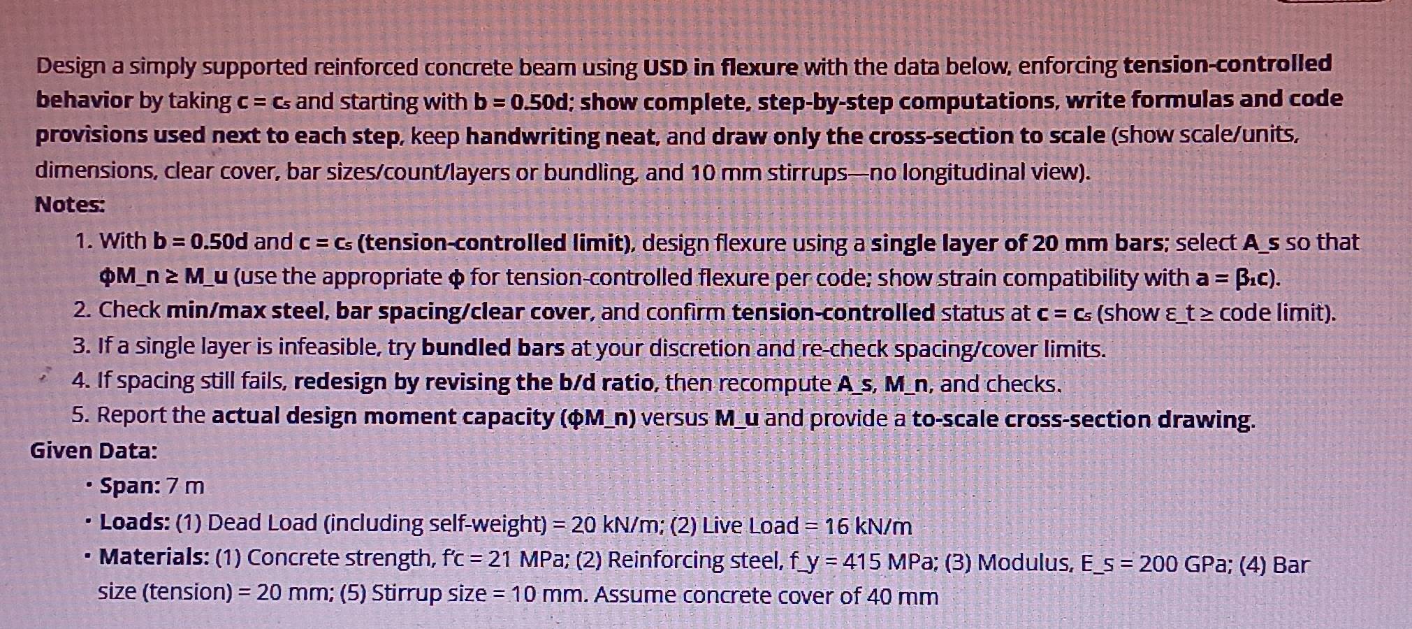 Solved: Design a simply supported reinforced concrete beam using USD in ...