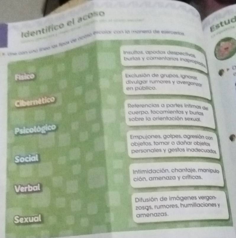 Estuc
Identifico el acoso
* Une cón una líhea los lipór de apgra éricolar con la manera de elereros,
Insultos. apodos despectivos
burtas y comentarios inaprópioão
p C

Fisico Exclusión de grupos, ignorar
divulgar rumores y avergenzar
en público.
Cibernético
Referencias a partes íntimas del
cuerpo, tocamientos y burlas
sobre la orientación sexual
Psicológico
Empujones, golpes, agresión con
objetos, tomar o dañar objetos
personales y gestos inadecuados.
Social
Intimidación, chantaje, manipula.
ción, amenaza y críticas.
Verbal
Difusión de imágenes vergon-
zosgs, rumores, humillaciones y
Sexual amenazas.