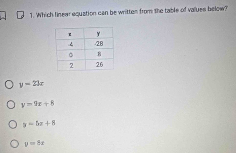 Which linear equation can be written from the table of values below?
y=23x
y=9x+8
y=5x+8
y=8x