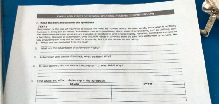 CAUSE AND EFFECT (LISTENING, SPEAKING, READING COMPREHENSION) 
7. Read the text and answer the questions 
TEXT 1 
Automation is the use of machines to reduce the need for human labour. In other words, automation is replacing 
humans in doino job by robots. Autoration can be a good thing, since, some of productions, such as clothing, cars, 
and other manufactured products are available at good prices and in large supply. However, automation can also be 
a bad thing. Because of automation, over 700,000 robots in America alone do lobs once performed by humans. The 
way of automation may not be best for humanity, but it is the course we are taking. 
_ 
1. What can be concluded from the text? 
_ 
2. What are the advantages of automation? Why? 
_ 
_ 
3. Automation also causes drawback, what are they? Why? 
_ 
_ 
4. In your opinion, do you support automation? In what field? Why? 
_ 
_ 
_