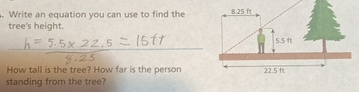 Write an equation you can use to find the 
tree's height. 
How tall is the tree? How far is the person 
standing from the tree?