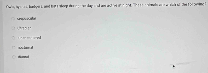 Owls, hyenas, badgers, and bats sleep during the day and are active at night. These animals are which of the following?
crepuscular
ultradian
lunar-centered
nocturnal
diurnal