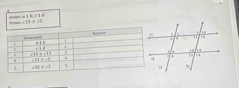 Given: a||b,c||d
Prove: ∠ 15≌ ∠ 2