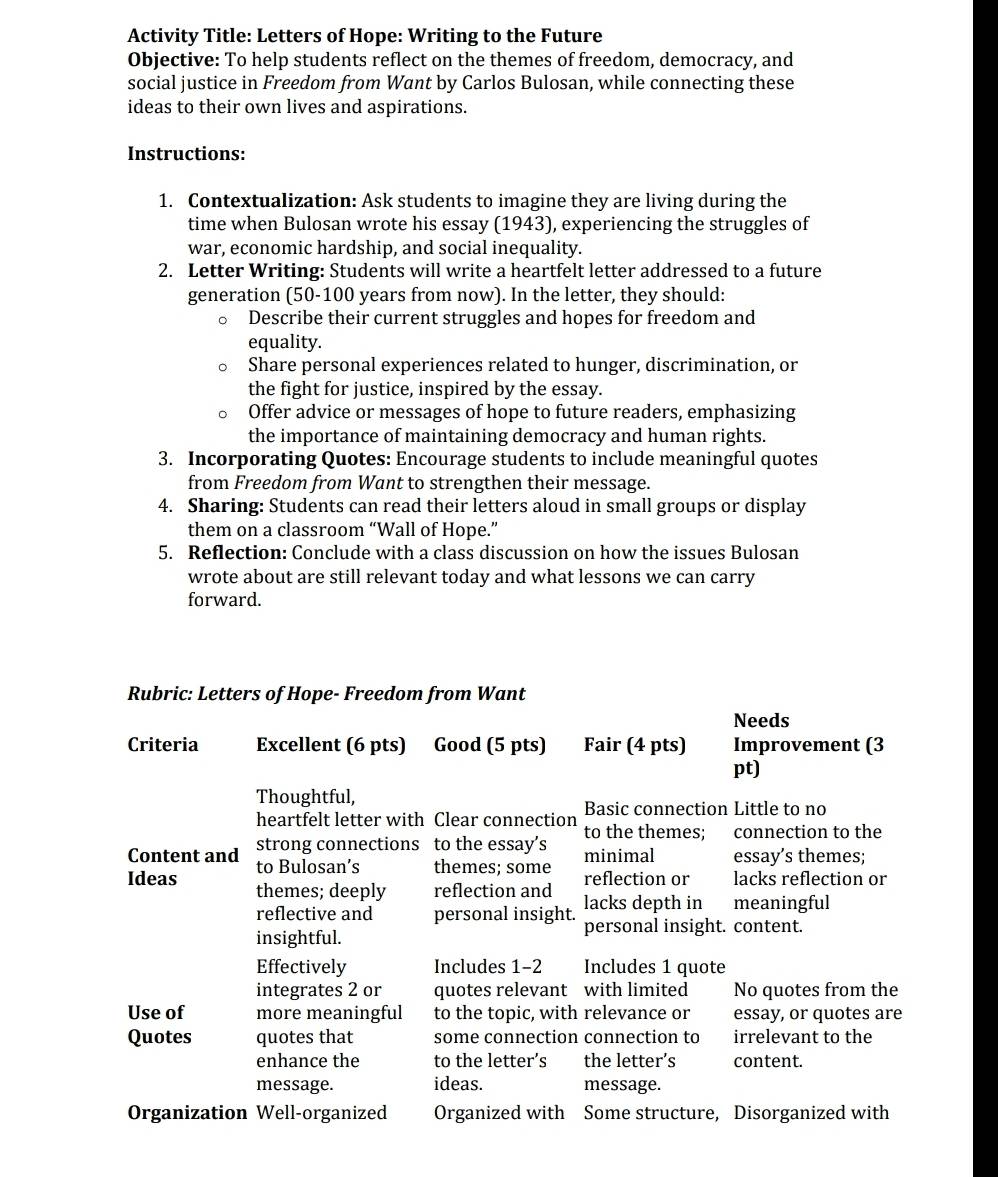 Solved: Activity Title: Letters of Hope: Writing to the Future ...
