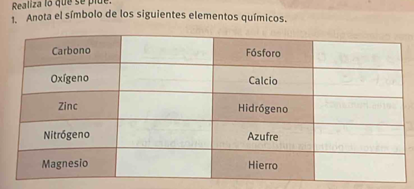 Realiza lo que se plue. 
1. Anota el símbolo de los siguientes elementos químicos.