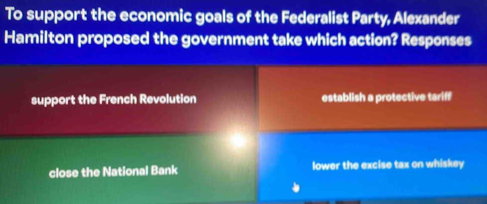 To support the economic goals of the Federalist Party, Alexander
Hamilton proposed the government take which action? Responses
support the French Revolution establish a protective tariff
close the National Bank lower the excise tax on whiskey