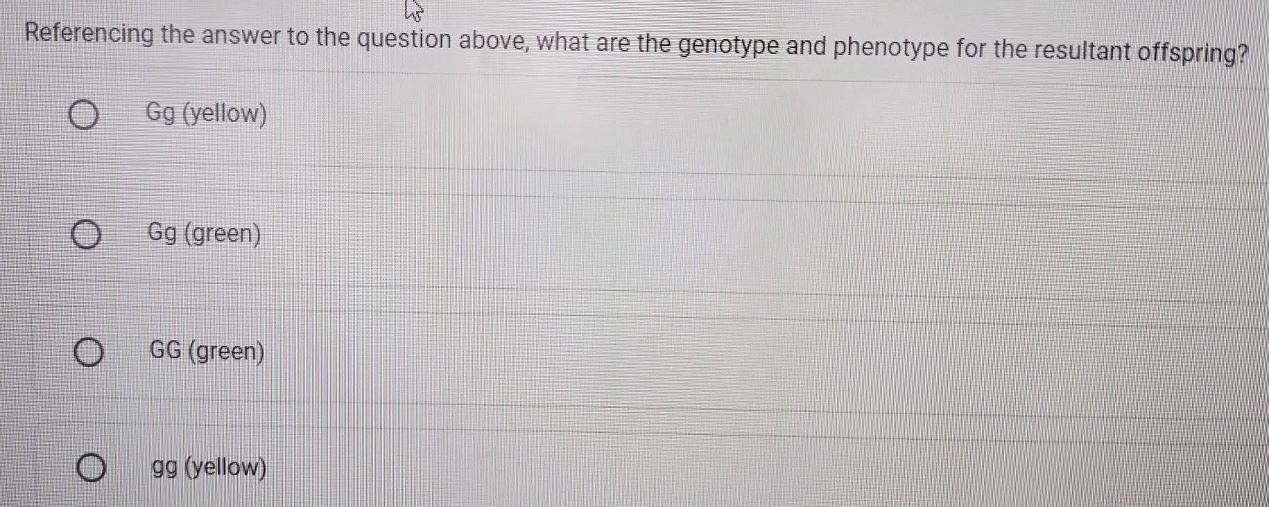 Referencing the answer to the question above, what are the genotype and phenotype for the resultant offspring?
Gg (yellow)
Gg (green)
GG (green)
gg (yellow)