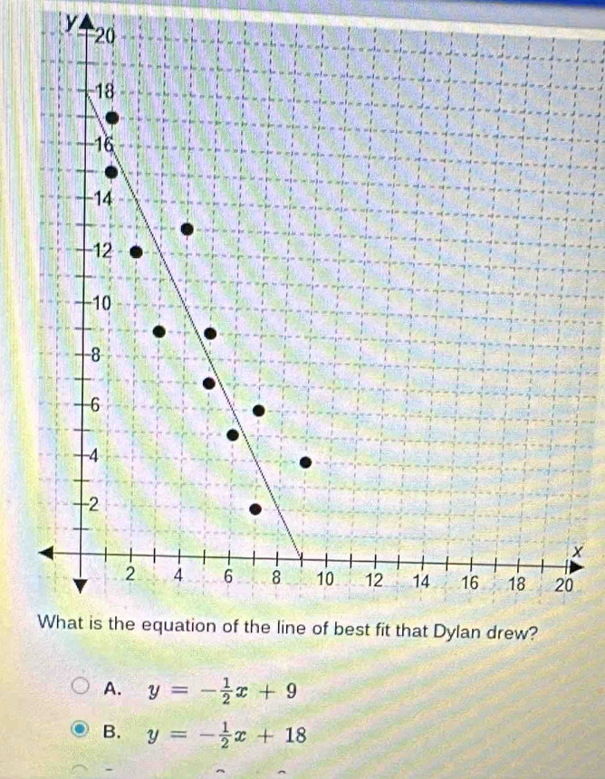 y
0
A. y=- 1/2 x+9
B. y=- 1/2 x+18
-