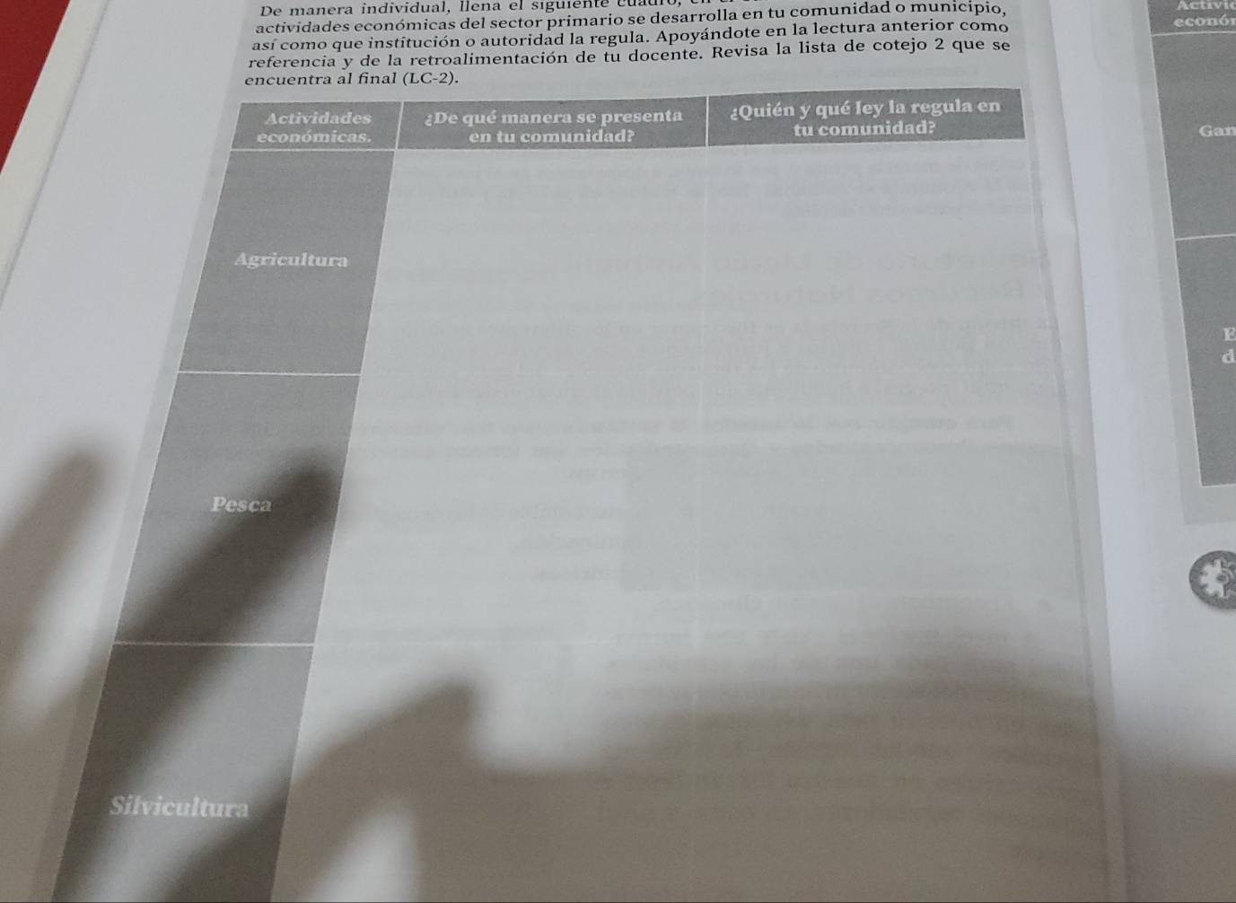 De manera individual, llena el siguiente cuau 
actividades económicas del sector primario se desarrolla en tu comunidad o município, 
así como que institución o autoridad la regula. Apoyándote en la lectura anterior como econór 
referencia y de la retroalimentación de tu docente. Revisa la lista de cotejo 2 que se 
encuentra al final (LC-2). 
Actividades ¿De qué manera se presenta ¿Quién y qué ley la regula en 
económicas. en tu comunidad? tu comunidad? Gan 
Agricultura 
F 
a 
Pesca 
Silvicultura