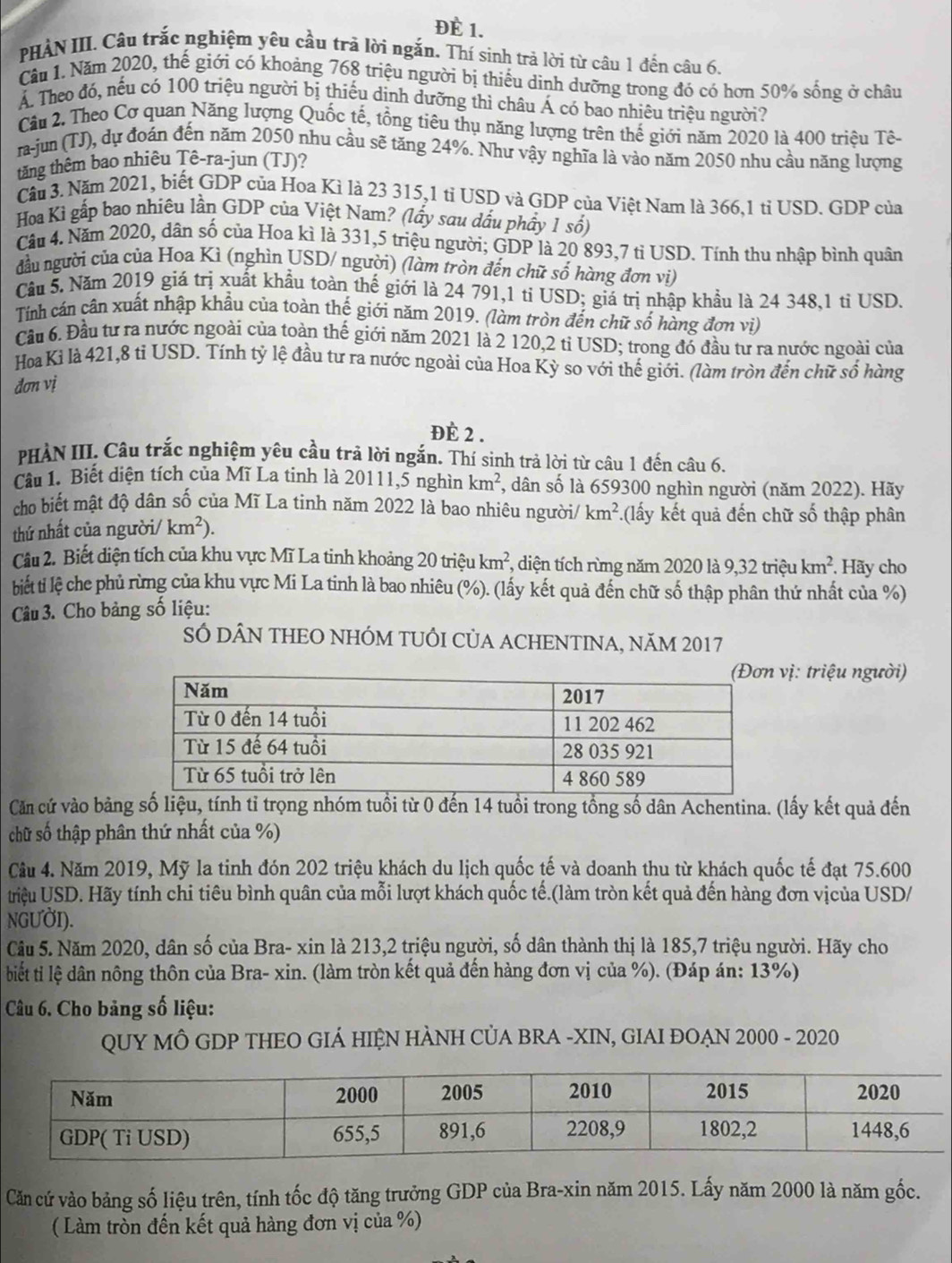 ĐÈ 1.
PHẢN III. Câu trắc nghiệm yêu cầu trả lời ngắn. Thí sinh trả lời từ câu 1 đến câu 6.
Cầu 1. Năm 2020, thế giới có khoảng 768 triệu người bị thiếu dinh dưỡng trong đó có hơn 50% sống ở châu
Á. Theo đó, nếu có 100 triệu người bị thiếu dịnh dưỡng thì châu Á có bao nhiêu triệu người?
Câu 2, Theo Cơ quan Năng lượng Quốc tế, tổng tiêu thụ năng lượng trên thế giới năm 2020 là 400 triệu Tê-
ra-jun (TJ), dự đoán đến năm 2050 nhu cầu sẽ tăng 24%. Như vậy nghĩa là vào năm 2050 nhu cầu năng lượng
tăng thêm bao nhiêu Tê-ra-jun (TJ)?
Cầu 3. Năm 2021, biết GDP của Hoa Kì là 23 315,1 tỉ USD và GDP của Việt Nam là 366.1 tỉ USD. GDP của
Hoa Kì gấp bao nhiêu lần GDP của Việt Nam? (lấy sau dấu phẩy 1 số)
Câu 4. Năm 2020, dân số của Hoa kì là 331,5 triệu người; GDP là 20 893,7 tỉ USD. Tính thu nhập bình quân
đầu người của của Hoa Kì (nghìn USD/ người) (làm tròn đến chữ số hàng đơn vị)
Câu 5. Năm 2019 giá trị xuất khẩu toàn thế giới là 24 791,1 tỉ USD; giá trị nhập khẩu là 24 348,1 tỉ USD.
Tính cán cân xuất nhập khẩu của toàn thế giới năm 2019. (làm tròn đến chữ số hàng đơn vị)
Cầu 6. Đầu tư ra nước ngoài của toàn thế giới năm 2021 là 2 120,2 tỉ USD; trong đó đầu tư ra nước ngoài của
Hoa Kì là 421,8 ti USD. Tính tỷ lệ đầu tư ra nước ngoài của Hoa Kỳ so với thế giới. (làm tròn đến chữ số hàng
đơn vị
ĐÉ 2 .
PHẢN III. Câu trắc nghiệm yêu cầu trả lời ngắn. Thí sinh trả lời từ câu 1 đến câu 6.
Câu 1. Biết diện tích của Mĩ La tinh là 20111,5 nghìn km^2 , dân số là 659300 nghìn người (năm 2022). Hãy
cho biết mật độ dân số của Mĩ La tinh năm 2022 là bao nhiêu người, km^2 *.(lấy kết quả đến chữ số thập phân
thứ nhất của người/ km^2).
Câu 2. Biết diện tích của khu vực Mĩ La tinh khoảng 20 triệu km^2 , diện tích rừng năm a 20201 9,32trihat eukm^2. Hãy cho
biết ti lệ che phủ rừng của khu vực Mi La tinh là bao nhiêu (%). (lấy kết quả đến chữ số thập phân thứ nhất của %)
Câu 3. Cho bảng số liệu:
SÓ DÂN THEO NHÓM TUÔI CủA ACHENTINA, NăM 2017
vị: triệu người)
Căn cứ vào bảng số liệu, tính tỉ trọng nhóm tuổi từ 0 đến 14 tuổi trong tổng số dân Achentina. (lấy kết quả đến
chữ số thập phân thứ nhất của %)
Câu 4. Năm 2019, Mỹ la tinh đón 202 triệu khách du lịch quốc tế và doanh thu từ khách quốc tế đạt 75.600
triệu USD. Hãy tính chi tiêu bình quân của mỗi lượt khách quốc tế.(làm tròn kết quả đến hàng đơn vịcủa USD/
NGƯờI).
Câu 5. Năm 2020, dân số của Bra- xin là 213,2 triệu người, số dân thành thị là 185,7 triệu người. Hãy cho
biết ti lệ dân nông thôn của Bra- xin. (làm tròn kết quả đến hàng đơn vị của %). (Đáp án: 13%)
Câu 6. Cho bảng số liệu:
QUY MÔ GDP THEO GIÁ HIỆN HÀNH CỦA BRA -XIN, GIAI ĐOAN 2000 - 2020
Căn cứ vào bảng số liệu trên, tính tốc độ tăng trưởng GDP của Bra-xin năm 2015. Lấy năm 2000 là năm gốc.
( Làm tròn đến kết quả hàng đơn vị của %)