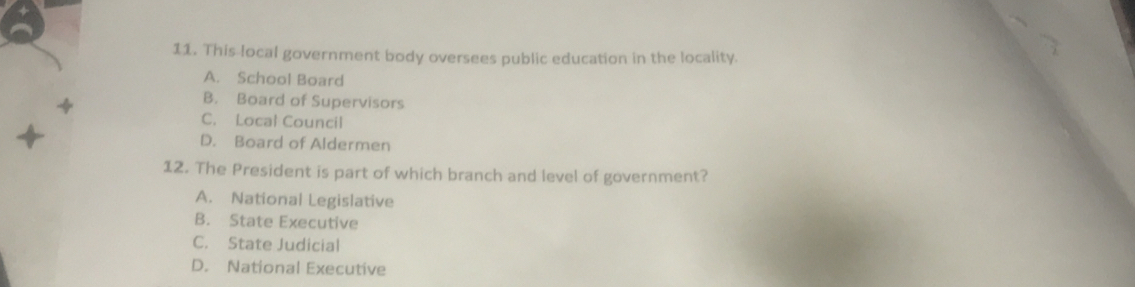 This local government body oversees public education in the locality.
A. School Board
B. Board of Supervisors
C. Local Council
D. Board of Aldermen
12. The President is part of which branch and level of government?
A. National Legislative
B. State Executive
C. State Judicial
D. National Executive