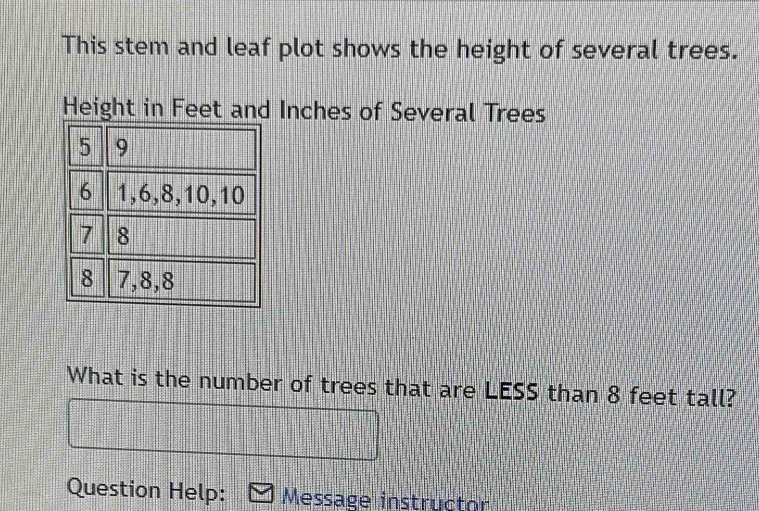 This stem and leaf plot shows the height of several trees. 
Height in Feet and Inches of Several Trees 
What is the number of trees that are LESS than 8 feet tall? 
Question Help: Message instructor