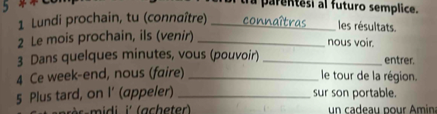 tra parentesi al futuro semplice. 
5 __les résultats. 
1 Lundi prochain, tu (connaître) connaîtras 
2 Le mois prochain, ils (venir)_ 
nous voir. 
3 Dans quelques minutes, vous (pouvoir) _entrer. 
4 Ce week-end, nous (faire) _le tour de la région. 
5 Plus tard, on (appeler) I' _sur son portable. 
i' un cadeau pour Amina