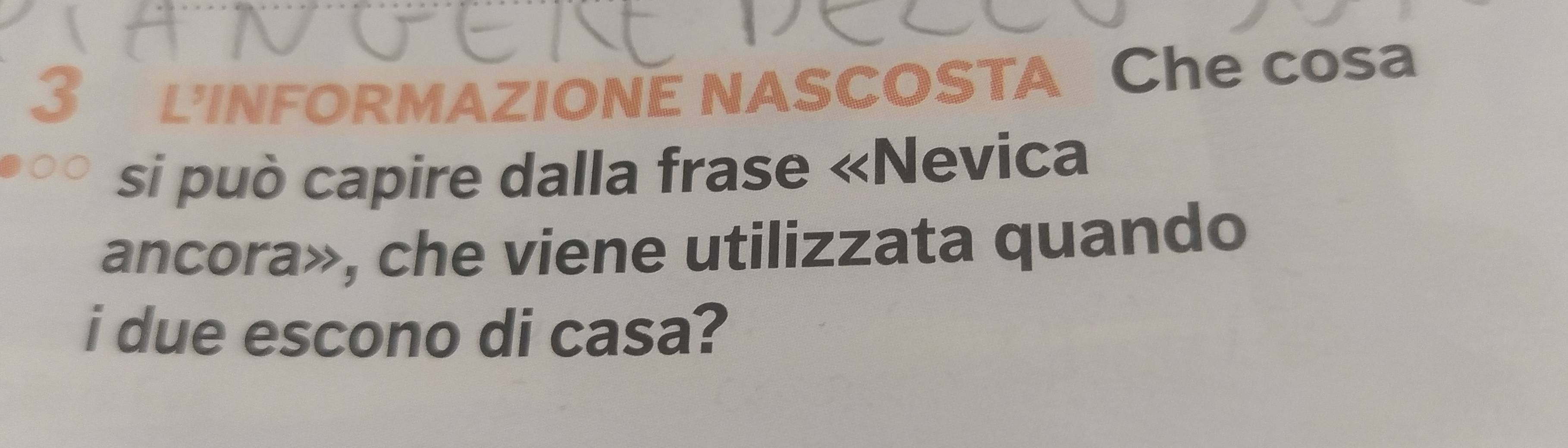 L'INFORMAZIONE NASCOSTA Che cosa 
si può capire dalla frase «Nevica 
ancora», che viene utilizzata quando 
i due escono di casa?