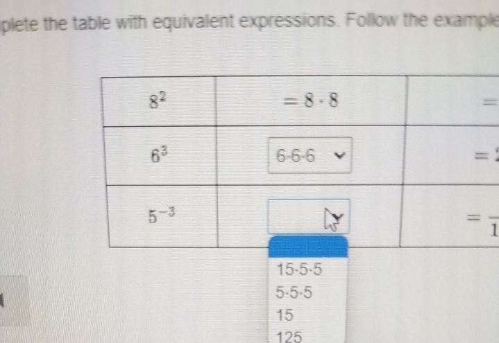 plete the table with equivalent expressions. Follow the example
=
=
125