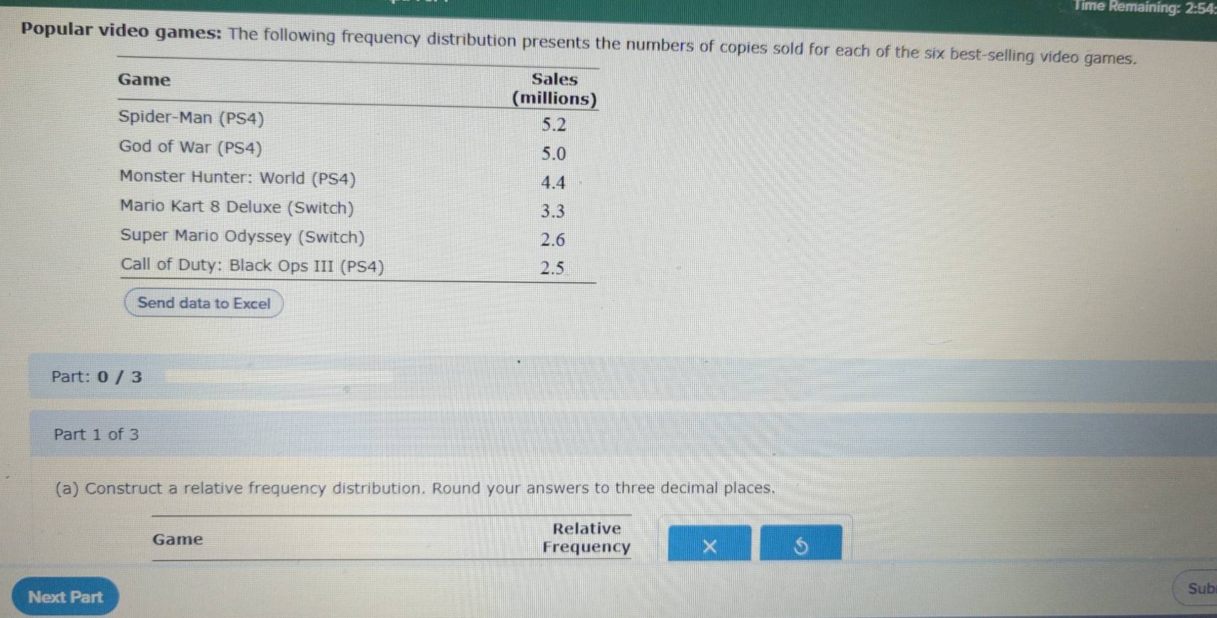 Time Remaining: 2:54 
Popular video games: The following frequency distribution presents the numbers of copies sold for each of the six best-selling video games. 
Send data to Excel 
Part: 0 / 3 
Part 1 of 3 
(a) Construct a relative frequency distribution. Round your answers to three decimal places. 
_ 
Game Relative 
Frequency 5
Next Part 
Sub