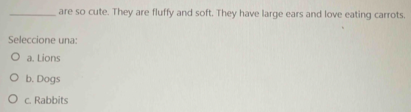 are so cute. They are fluffy and soft. They have large ears and love eating carrots.
Seleccione una:
a. Lions
b. Dogs
c. Rabbits