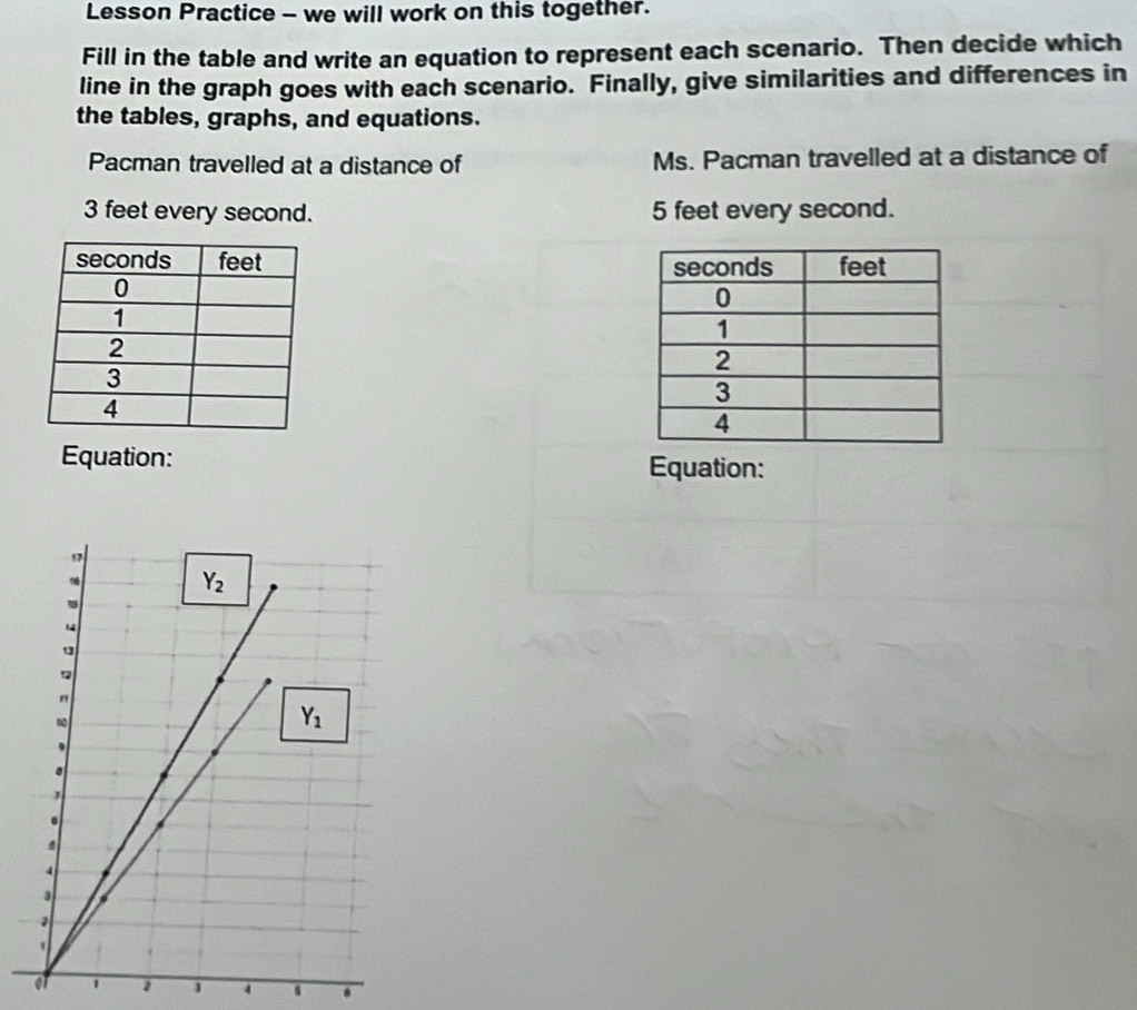 Lesson Practice - we will work on this together.
Fill in the table and write an equation to represent each scenario. Then decide which
line in the graph goes with each scenario. Finally, give similarities and differences in
the tables, graphs, and equations.
Pacman travelled at a distance of Ms. Pacman travelled at a distance of
3 feet every second. 5 feet every second.
 
Equation: Equation:
1 4 .