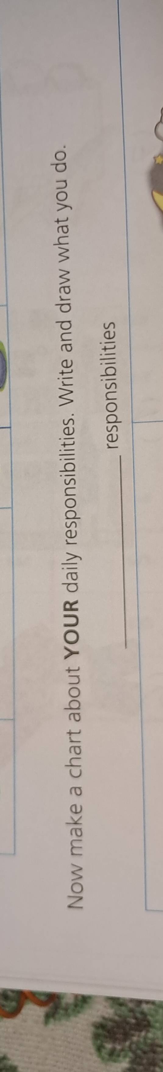 Now make a chart about YOUR daily responsibilities. Write and draw what you do. 
_responsibilities
