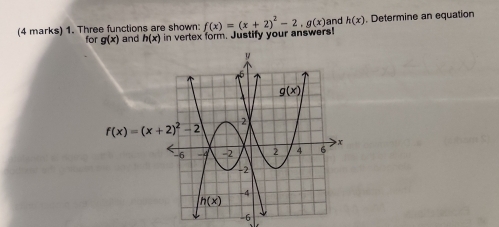 Three functions are shown: f(x)=(x+2)^2-2,g(x) and h(x). Determine an equation
for g(x) and h(x) in vertex form. Justify your answers!
-6