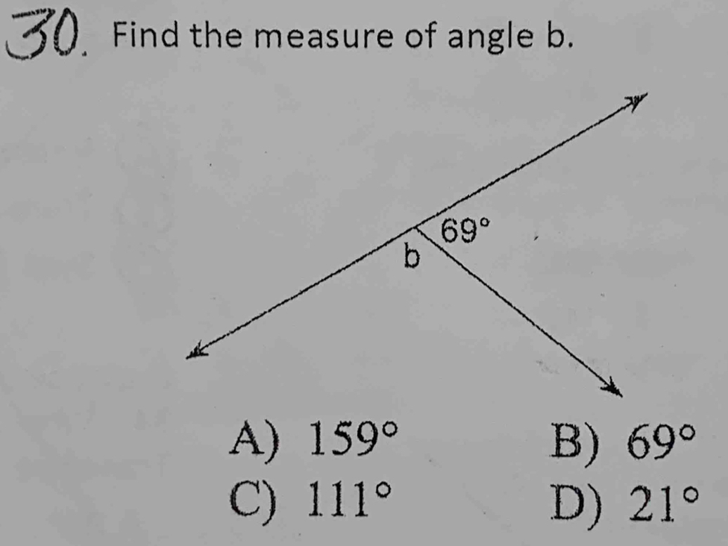 Find the measure of angle b.
A) 159° B) 69°
C) 111° D) 21°