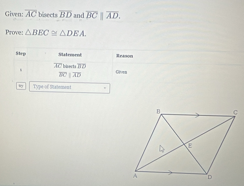 Given: overline AC bisects overline BD and overline BC||overline AD. 
Prove: △ BEC≌ △ DEA. 
Step Statement Reason
overline AC bisects overline BD
1
overline BCparallel overline AD
Given 
try Type of Statement