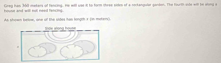 Greg has 360 meters of fencing. He will use it to form three sides of a rectangular garden. The fourth side will be along a 
house and will not need fencing. 
As shown below, one of the sides has length x (In meters).