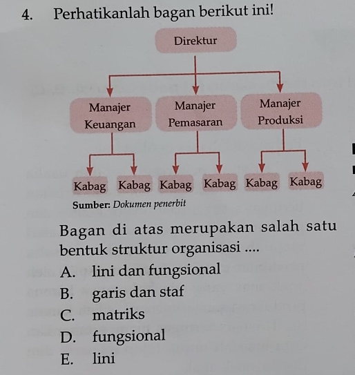 Perhatikanlah bagan berikut ini!
Sumber: Dokumen penerbit
Bagan di atas merupakan salah satu
bentuk struktur organisasi ....
A. lini dan fungsional
B. garis dan staf
C. matriks
D. fungsional
E. lini