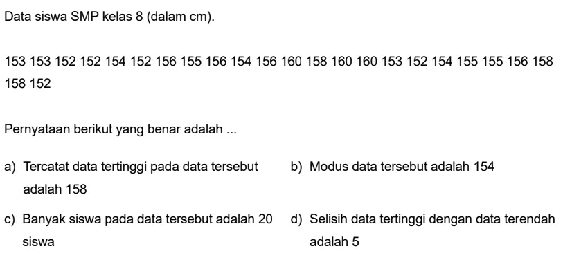 Data siswa SMP kelas 8 (dalam cm).
153 153 152 152 154 152 156 155 156 154 156 160 158 160 160 153 152 154 155 155 156 158
158 152
Pernyataan berikut yang benar adalah ...
a) Tercatat data tertinggi pada data tersebut b) Modus data tersebut adalah 154
adalah 158
c) Banyak siswa pada data tersebut adalah 20 d) Selisih data tertinggi dengan data terendah
siswa adalah 5