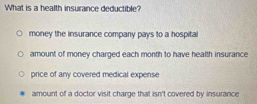 What is a health insurance deductible?
money the insurance company pays to a hospital
amount of money charged each month to have health insurance
price of any covered medical expense
amount of a doctor visit charge that isn't covered by insurance