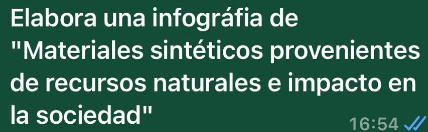 Elabora una infográfia de 
"Materiales sintéticos provenientes 
de recursos naturales e impacto en 
la sociedad"
16:54