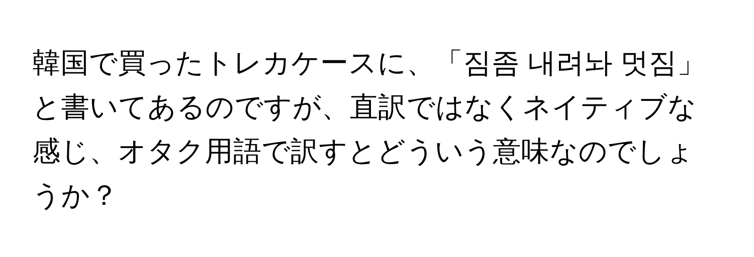 韓国で買ったトレカケースに、「짐좀 내려놔 멋짐」と書いてあるのですが、直訳ではなくネイティブな感じ、オタク用語で訳すとどういう意味なのでしょうか？