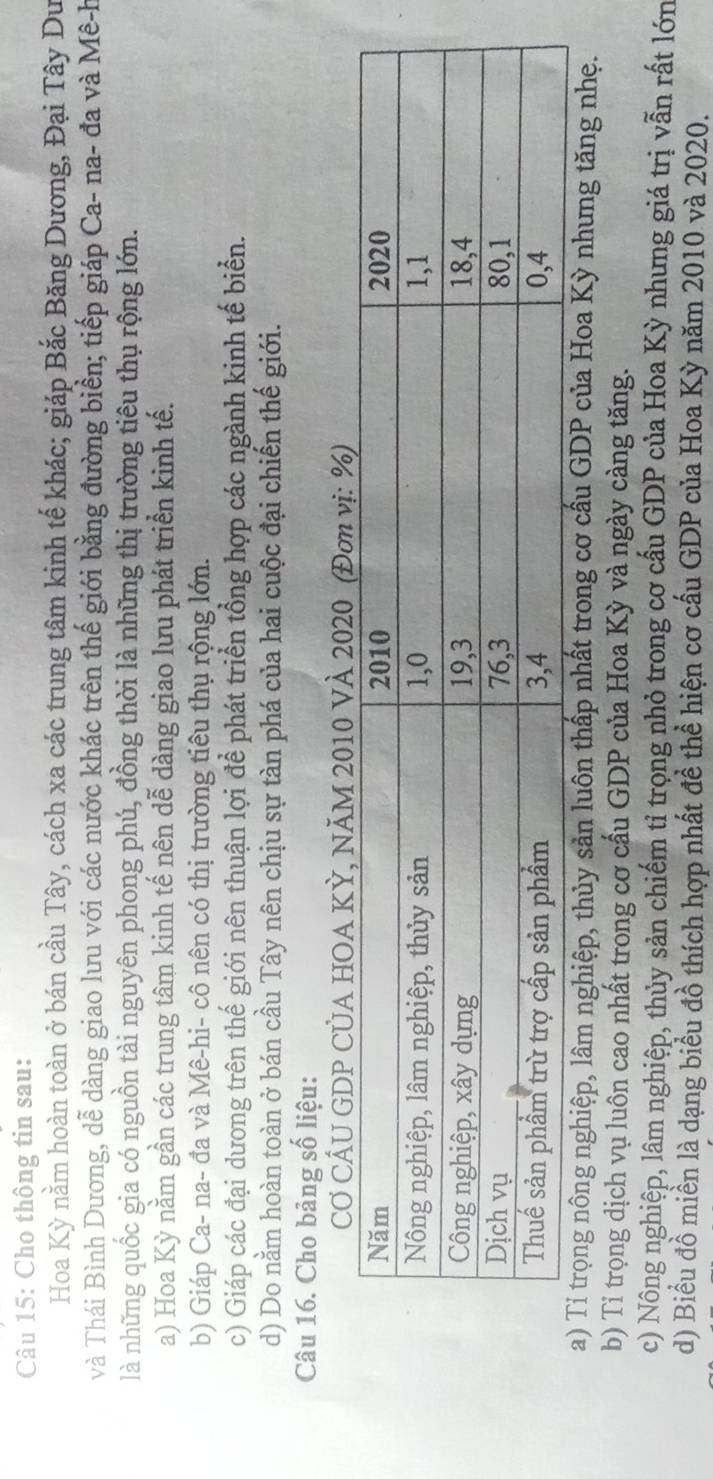 Cho thông tin sau: 
Hoa Kỳ nằm hoàn toàn ở bán cầu Tây, cách xa các trung tâm kinh tế khác; giáp Bắc Băng Dương, Đại Tây Du 
và Thái Bình Dương, dễ dàng giao lưu với các nước khác trên thế giới bằng đường biển; tiếp giáp Ca- na- đa và Mê-h 
là những quốc gia có nguồn tài nguyên phong phú, đồng thời là những thị trường tiêu thụ rộng lớn. 
a) Hoa Kỳ nằm gần các trung tâm kinh tế nên dễ dàng giao lưu phát triển kinh tế. 
b) Giáp Ca- na- đa và Mê-hi- cô nên có thị trường tiêu thụ rộng lớn. 
c) Giáp các đại dương trên thế giới nên thuận lợi để phát triển tổng hợp các ngành kinh tế biển. 
d) Do nằm hoàn toàn ở bán cầu Tây nên chịu sự tàn phá của hai cuộc đại chiến thế giới. 
Câu 16. Cho bảng số liệu: 
a) Tỉ trọng nông nghiệp, lâm nghiệp, thủy sản luôn thấp nhất trong cơ cầu GDP của Hoa Kỳ nhưng tăng nhẹ. 
b) Tỉ trọng dịch vụ luôn cao nhất trong cơ cấu GDP của Hoa Kỳ và ngày càng tăng. 
c) Nông nghiệp, lâm nghiệp, thủy sản chiếm tỉ trọng nhỏ trong cơ cấu GDP của Hoa Kỳ nhưng giá trị vẫn rất lớn 
d) Biểu đồ miền là dạng biểu đồ thích hợp nhất đề thể hiện cơ cầu GDP của Hoa Kỳ năm 2010 và 2020.