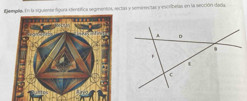 Ejemplo. En la siguiente figura identifica segmentos, rectas y semirrectas y escríbelas en la sección dada,