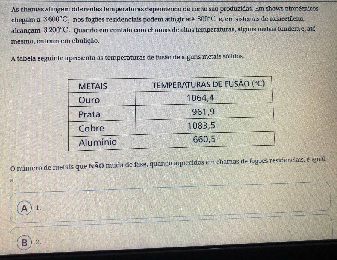 As chamas atingem diferentes temperaturas dependendo de como são produzidas. Em shows pirotécnicos
chegam a 3600°C , nos fogões residenciais podem atingir até 800°C e, em sistemas de oxiacetileno,
alcançam 3200°C. Quando em contato com chamas de altas temperaturas, alguns metais fundem e, até
mesmo, entram em ebulição.
A tabela seguinte apresenta as temperaturas de fusão de alguns metais sólidos.
O número de metais que NÃO muda de fase, quando aquecidos em chamas de fogões residenciais, é igual
a
A ) 1.
B  2.