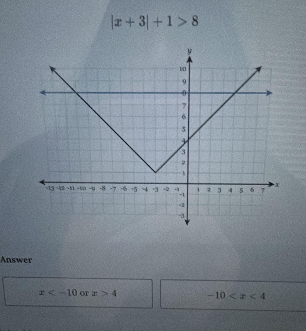 |x+3|+1>8
Answer
x or x>4 -10