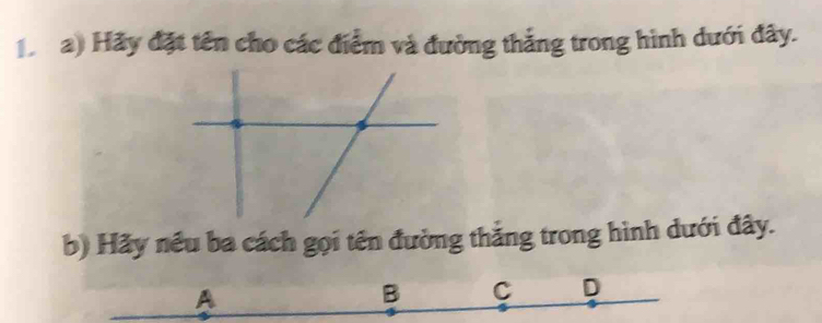 ( a) Hãy đặt tên cho các điểm và đường thắng trong hình dưới đây.
b) Hãy nều ba cách gọi tên đường thắng trong hình dưới đây.
A
B C D