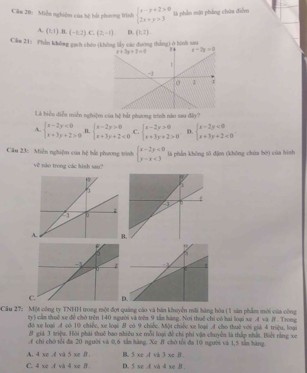 Miền nghiệm của hc bắt phương trình beginarrayl x-y+2>0 2x+y>3endarray. là phần mặt phẳng chứa điểm
A. (1;1) .B. (-1:2) C. (2;-1). D. (1;2).
Cầu 21: Phần không gạch chéo (kđường thằng) ở hình sau
Là biểu diễn miền nghiệm của hệ bắt phương trình nào sau đây?
A. beginarrayl x-2y<0 x+3y+2>0endarray. .B. beginarrayl x-2y>0 x+3y+2<0endarray. C. beginarrayl x-2y>0 x+3y+2>0endarray. D. beginarrayl x-2y<0 x+3y+2<0endarray. .
Câu 23: Miền nghiệm của hệ bắt phương trình beginarrayl x-2y<0 y-x<3endarray. là phần không tô đậm (không chứa bờ) của hình
vẽ nào trong các hình sau?
A
.

C.
.
Câu 27: Một công ty TNHH trong một đợt quảng cáo và bản khuyền mãi hàng hóa ( 1 sản phầm mới của công
ty) cần thuê xe đề chở trên 140 người và trên 9 tần hàng. Nơi thuê chỉ có hai loại xe A và B. Trong
đó xe loại A có 10 chiếc, xe loại B có 9 chiếc. Một chiếc xe loại A cho thuê với giá 4 triệu, loại
B giá 3 triệu. Hỏi phải thuê bao nhiêu xe mỗi loại để chị phí vận chuyển là thấp nhất. Biết rằng xe
A chi chở tổi đa 20 người và 0,6 tần hàng. Xe B chở tối đa 10 người và 1,5 tần hàng.
A. 4 xe A và 5 xe B. B. 5 xe A và 3 xe B .
C. 4 xe A và 4 xe B. D. 5 xe A và 4 xe B.