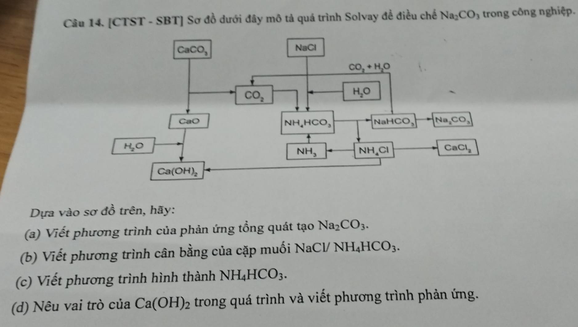 [CTST - SBT] Sơ đồ dưới đây mô tả quá trình Solvay đề điều chế Na_2CO_3 trong công nghiệp.
Dựa vào sơ đồ trên, hãy:
(a) Viết phương trình của phản ứng tổng quát tạo Na_2CO_3.
(b) Viết phương trình cân bằng của cặp muối NaCl/ NH_4HCO_3.
(c) Viết phương trình hình thành NH_4HCO_3.
(d) Nêu vai trò của Ca(OH)_2 trong quá trình và viết phương trình phản ứng.