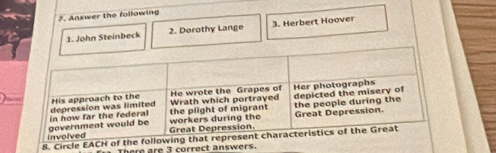 Answer the following 
1. John Steinbeck 2. Dorothy Lange 3. Herbert Hoover 
8. 
There are 3 correct answ