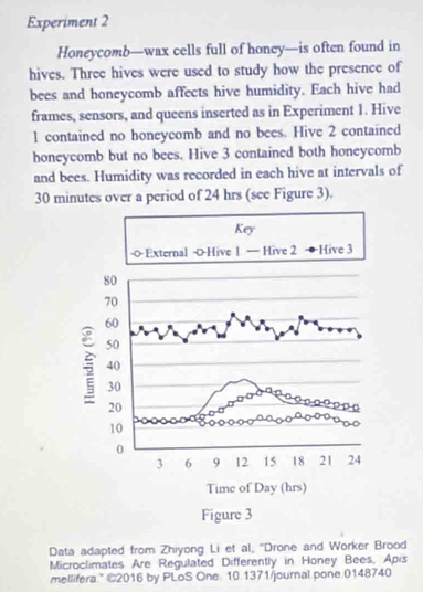 Experiment 2 
Honeycomb—wax cells full of honey—is often found in 
hives. Three hives were used to study how the presence of 
bees and honeycomb affects hive humidity. Each hive had 
frames, sensors, and queens inserted as in Experiment 1. Hive 
1 contained no honeycomb and no bees. Hive 2 contained 
honeycomb but no bees. Hive 3 contained both honeycomb 
and bees. Humidity was recorded in each hive at intervals of
30 minutes over a period of 24 hrs (see Figure 3). 
Data adapted from Zhiyong Li et al, ''Drone and Worker Brood 
Microclimates Are Regulated Differently in Honey Bees, Apis 
mellifera." @2016 by PLoS One 10.1371/journal pone.0148740