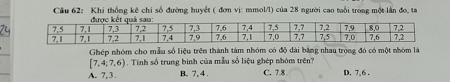 Khi thống kê chỉ số đường huyết ( đơn vị: mmol/l) của 28 người cao tuổi trong một lần đo, ta
Ghép nhóm cho mẫu số liệu trên thành tám nhóm có độ dài bằng nhau trong đó có một nhóm là
[7,4;7,6). Tính số trung bình của mẫu số liệu ghép nhóm trên?
A. 7, 3. B. 7, 4. C. 7. 8. D. 7, 6.