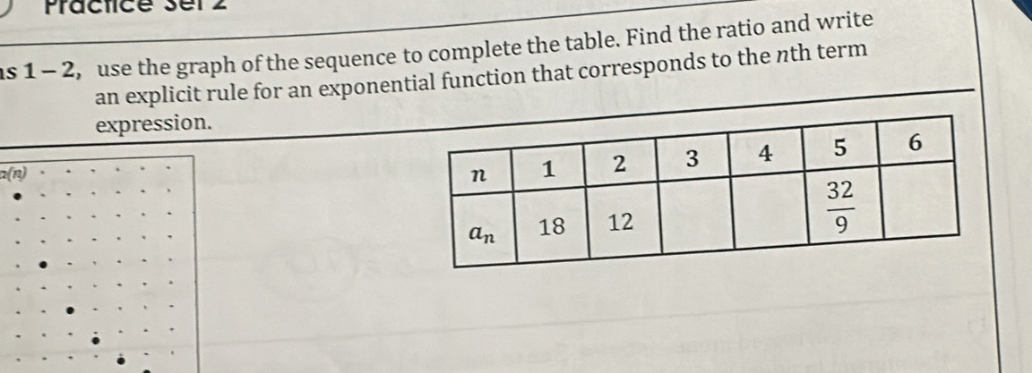 Practice ser z
use the graph of the sequence to complete the table. Find the ratio and write
s 1 - 2, an explicit rule for an exponential function that corresponds to the nth term
expression.
2(n)