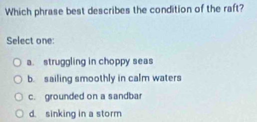 Which phrase best describes the condition of the raft?
Select one:
a. struggling in choppy seas
b. sailing smoothly in calm waters
c. grounded on a sandbar
dsinking in a storm