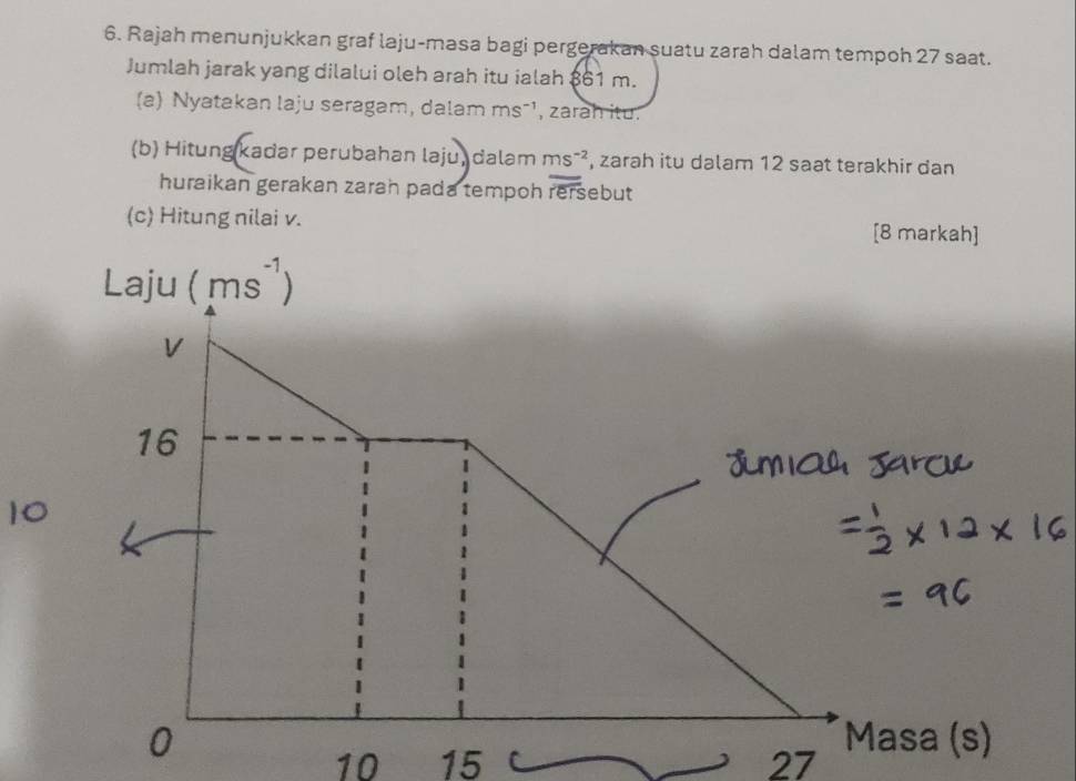 Rajah menunjukkan graf laju-masa bagi pergerakan suatu zarah dalam tempoh 27 saat. 
Jumlah jarak yang dilalui oleh arah itu ialah 861 m. 
(a) Nyatakan laju seragam, dalam msã¹, zarah itu. 
(b) Hitung kadar perubahan laju, dalam ms^(-2) , zarah itu dalam 12 saat terakhir dan 
huraikan gerakan zarah pada tempoh overline PBN sebut 
(c) Hitung nilai v. [8 markah]
L aju (ms^(-1))
V
16
0
asa (s)
10 15 27